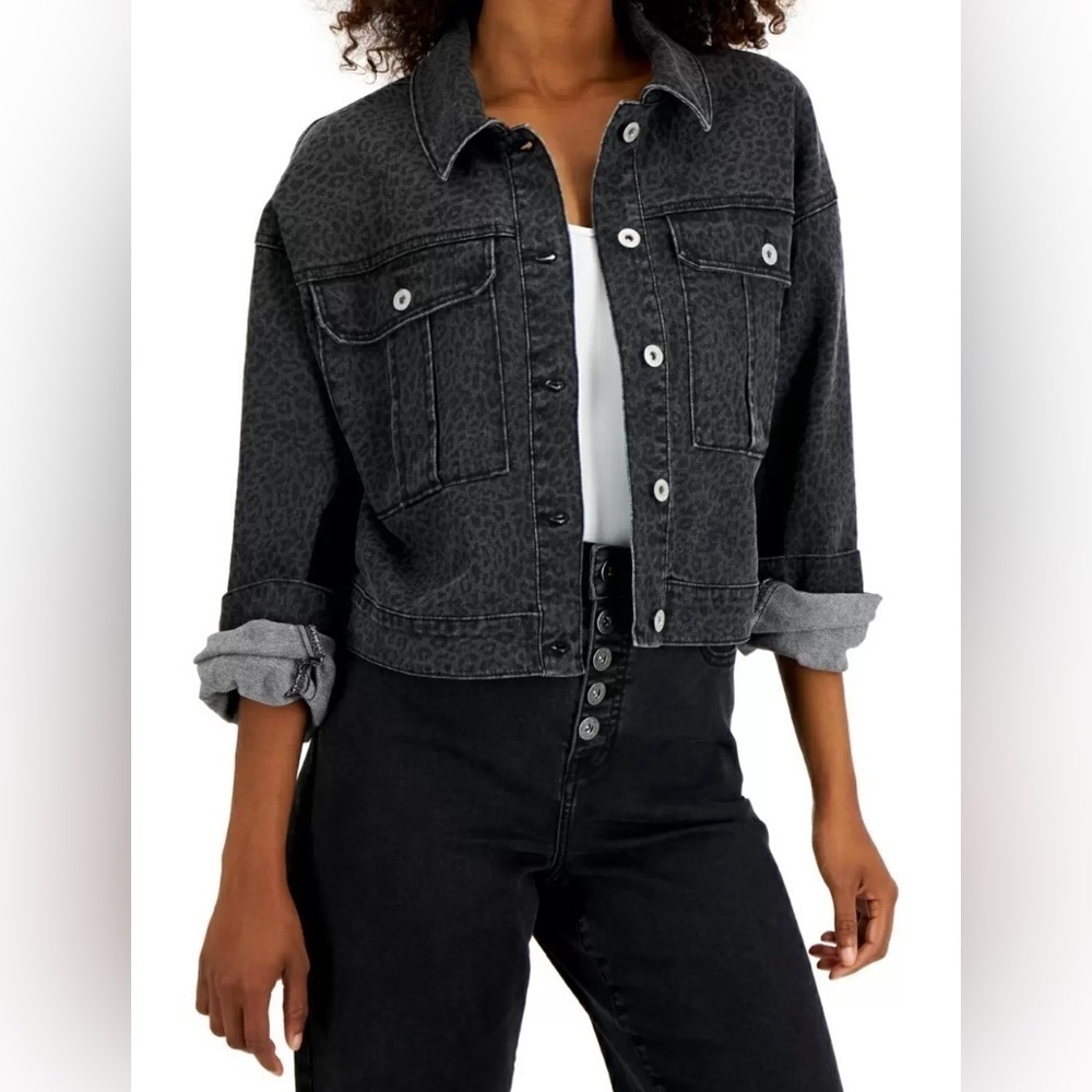INC Animal Print Dark Denim Jean Jacket